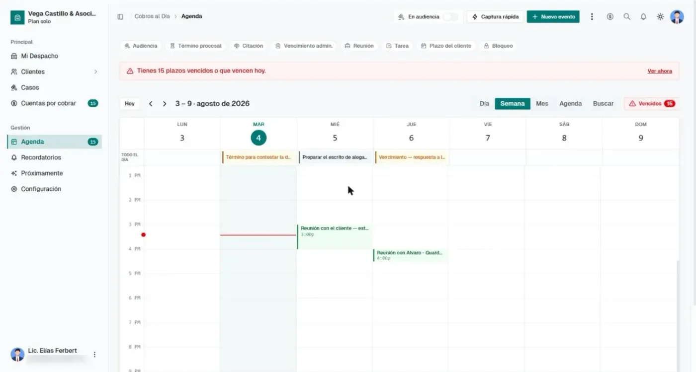 Agenda de un sistema de gestión mostrando plazos vencidos y pendientes de la semana