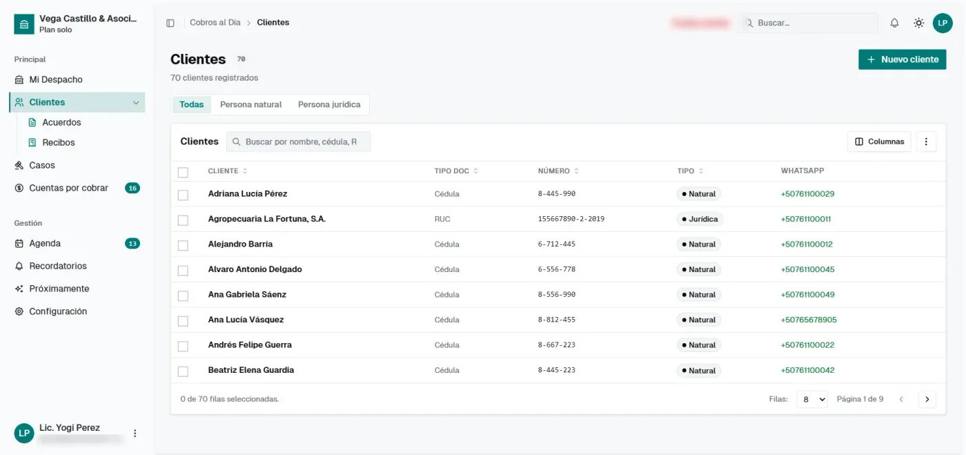 Listado de expedientes de clientes con tipo de documento, cédula o RUC y contacto